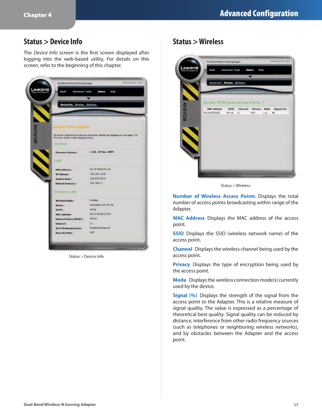 Linksys WGA600N manual Status Device Info, Status Wireless 