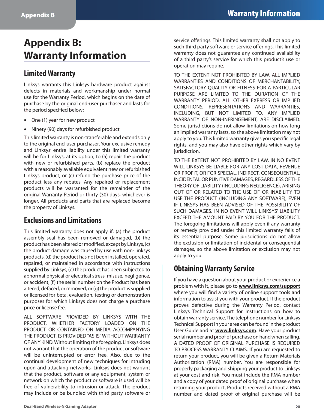 Linksys WGA600N manual Limited Warranty, Exclusions and Limitations, Obtaining Warranty Service 