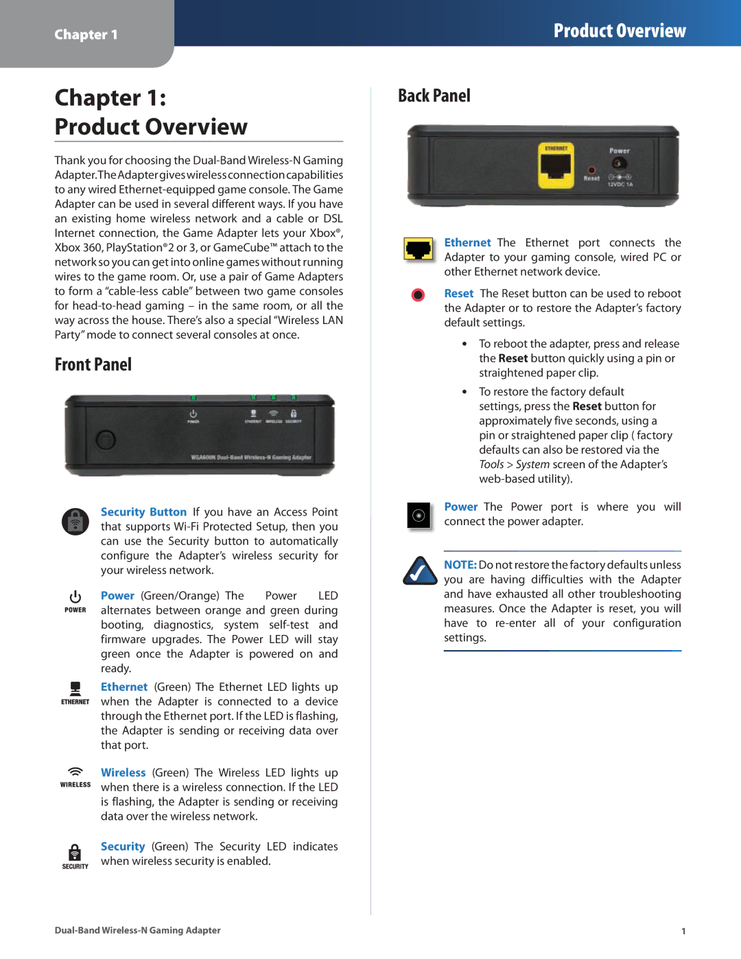 Linksys WGA600N manual Chapter Product Overview, Front Panel, Back Panel 