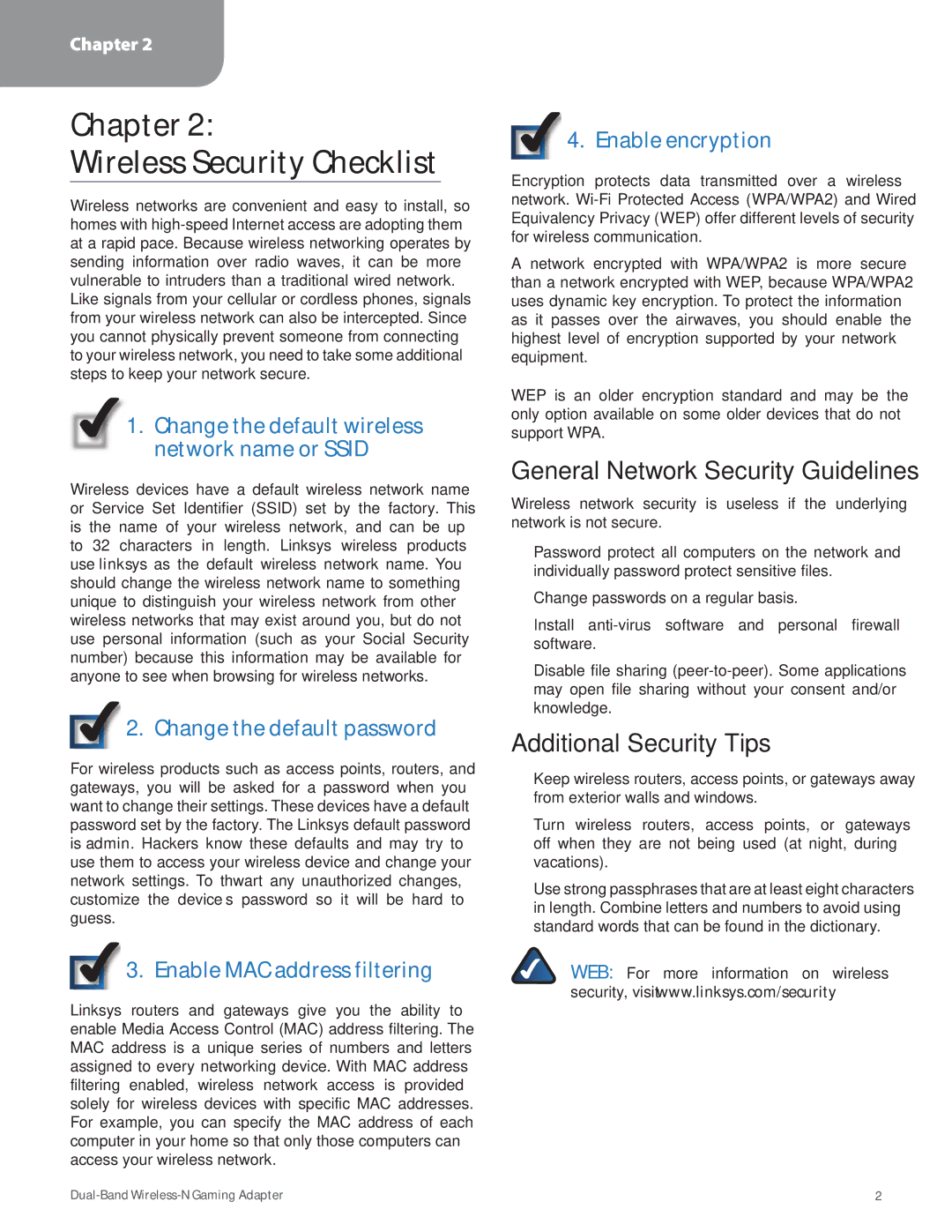 Linksys WGA600N manual Chapter Wireless Security Checklist, General Network Security Guidelines, Additional Security Tips 