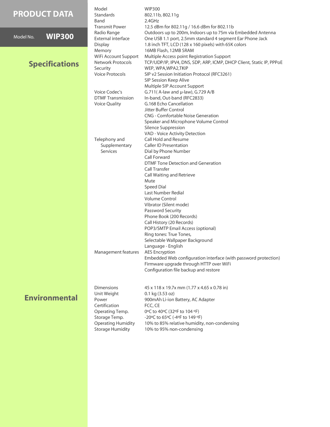 Linksys WIP300 manual Specifications Environmental, WEP, WPA,WPA2,TKIP 