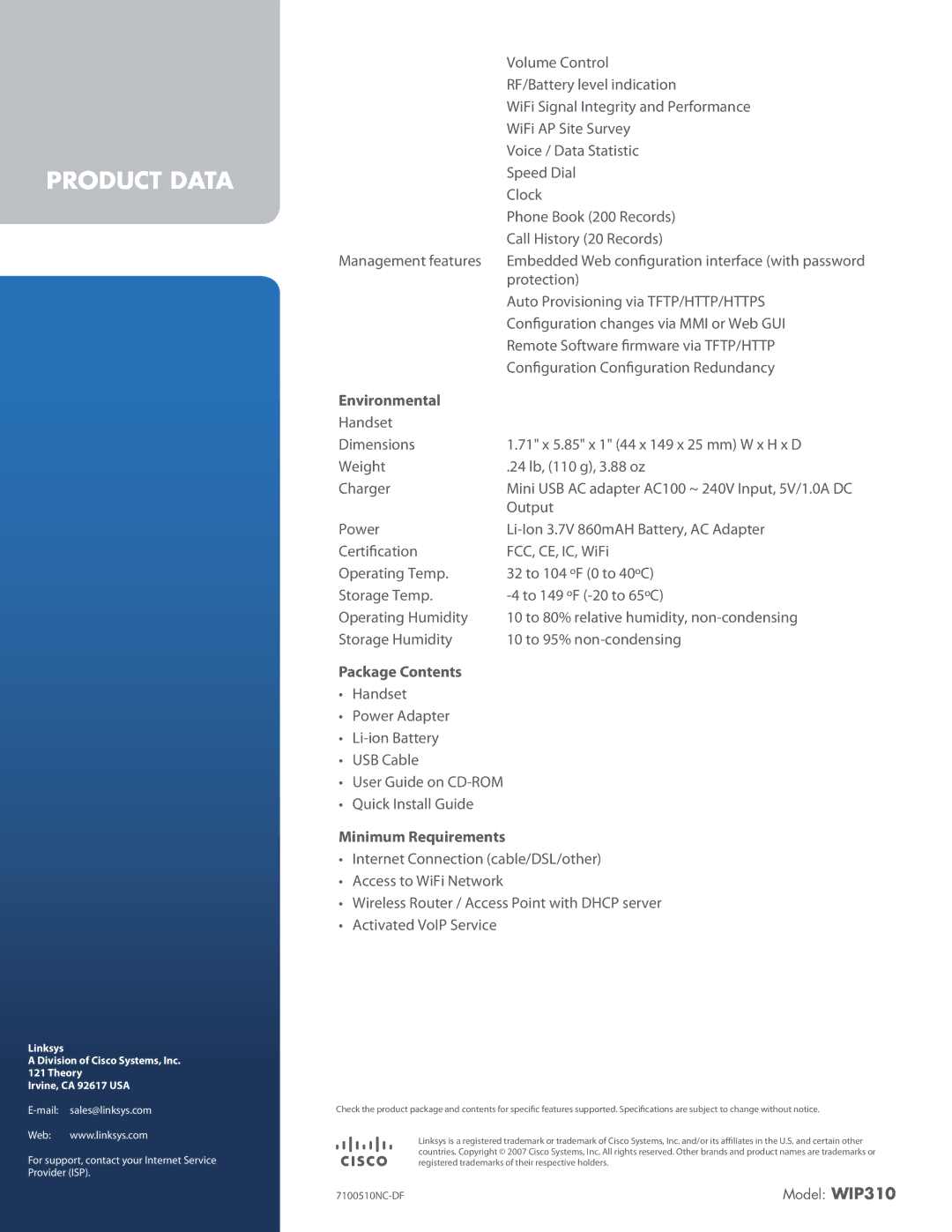 Linksys WIP310 manual Environmental, Package Contents, Minimum Requirements 