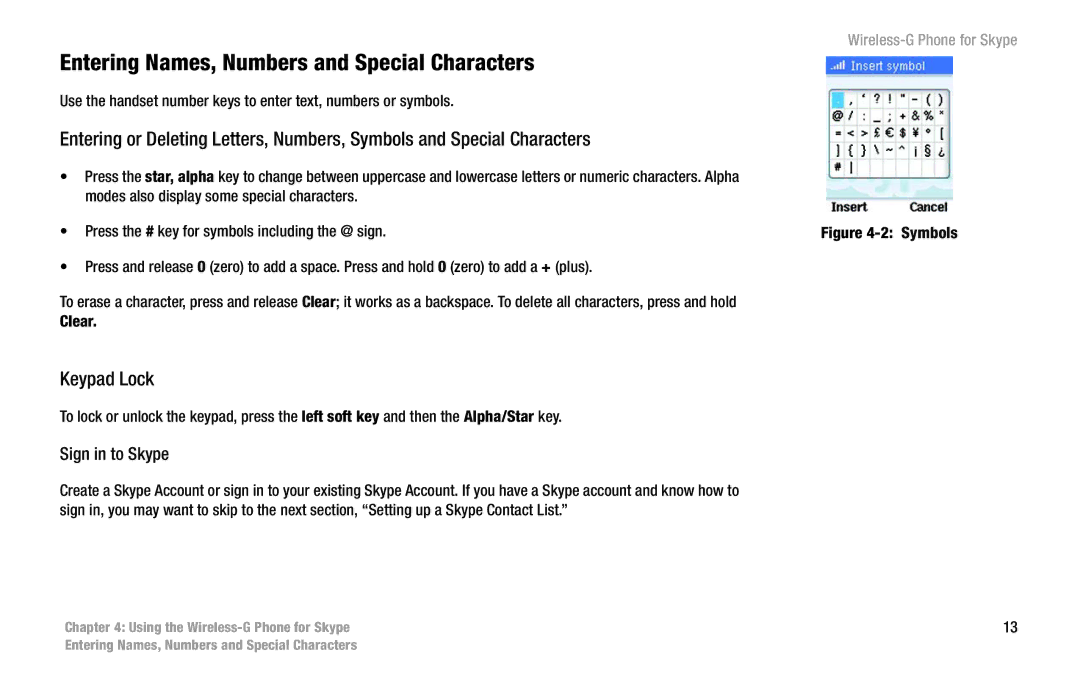 Linksys WIP320 manual Entering Names, Numbers and Special Characters, Keypad Lock 