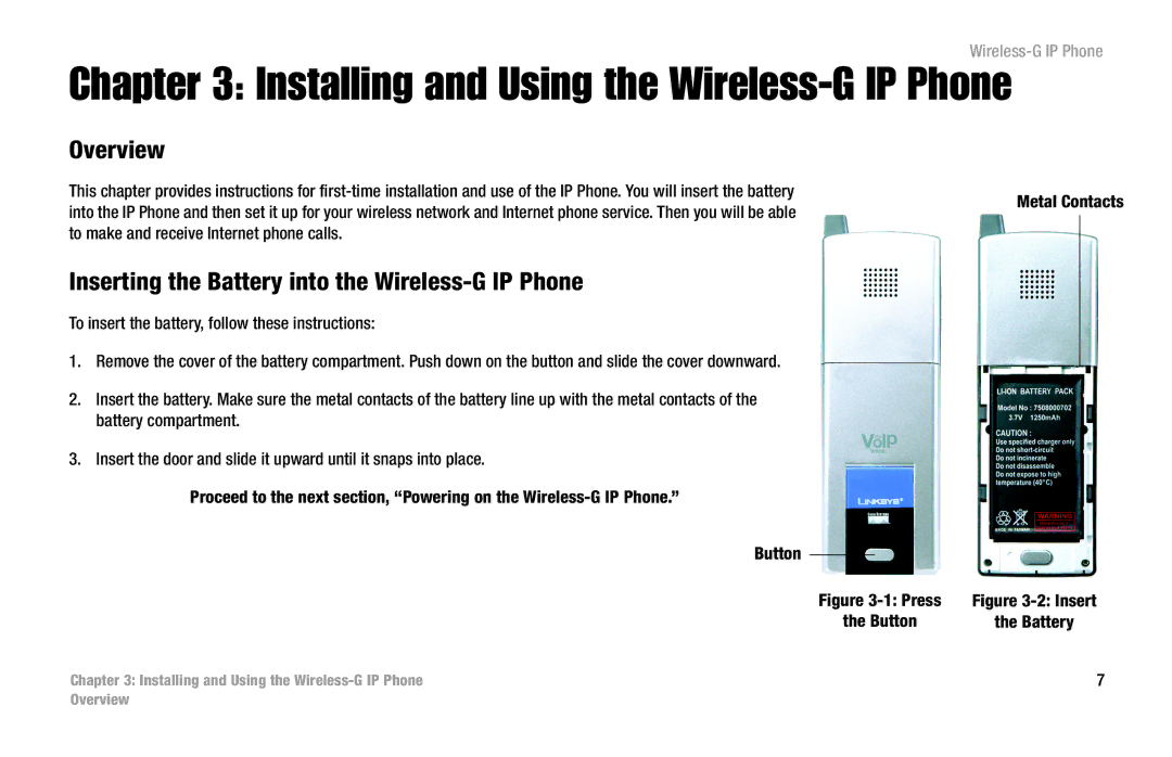 Linksys WIP330 manual Overview, Inserting the Battery into the Wireless-G IP Phone 