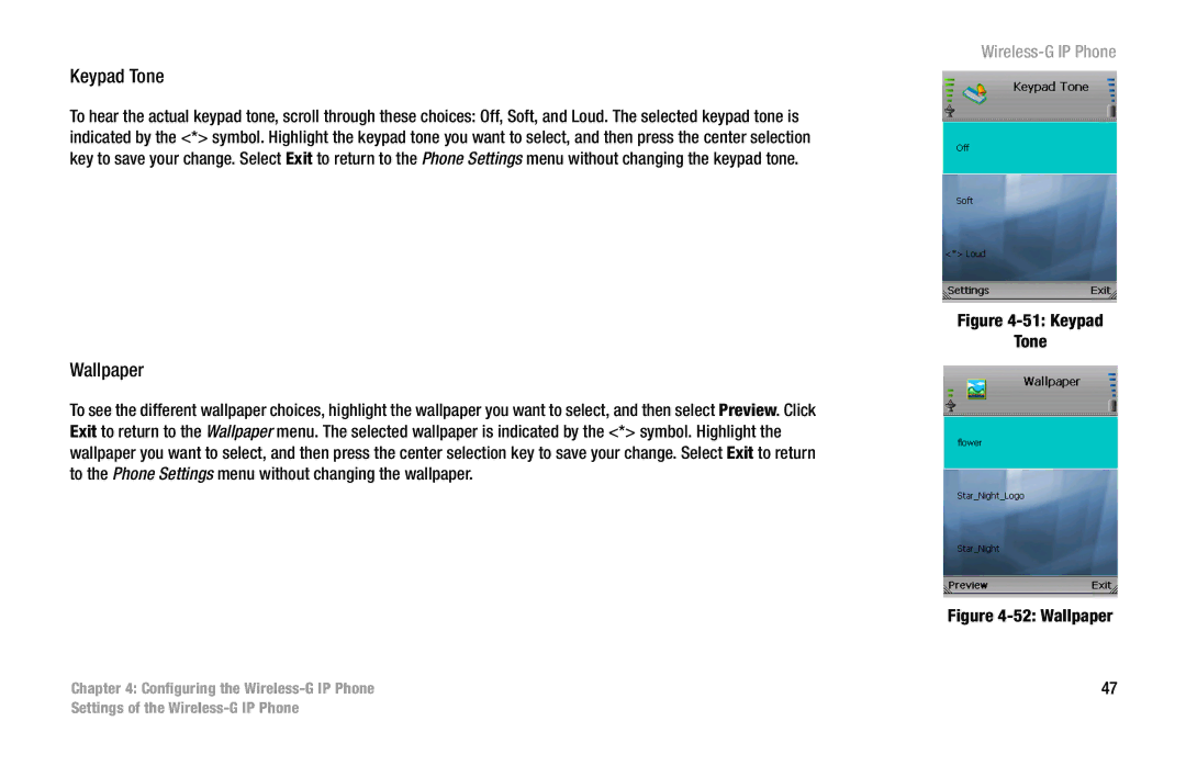 Linksys WIP330 manual Keypad Tone, Wallpaper 