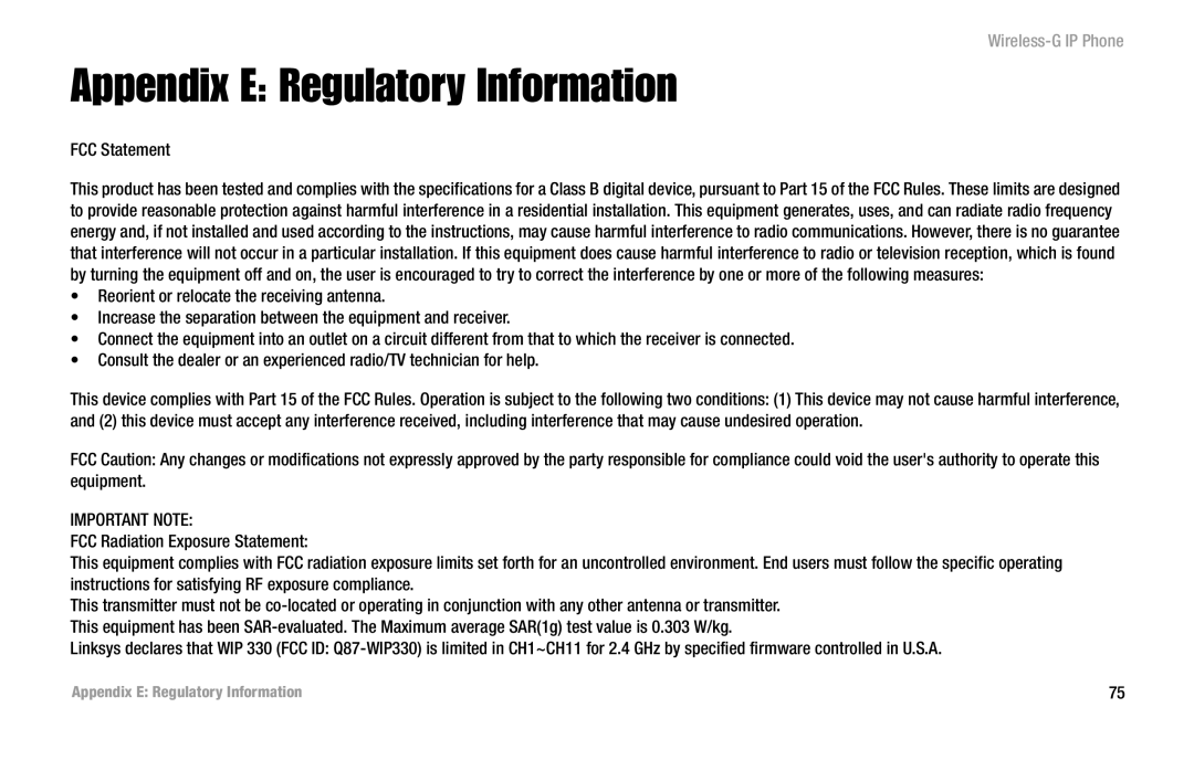 Linksys WIP330 manual Appendix E Regulatory Information, FCC Statement 