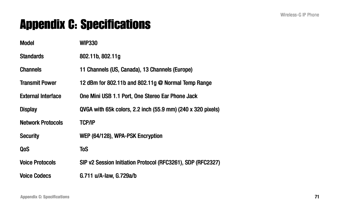 Linksys WIP330 manual Appendix C Specifications 