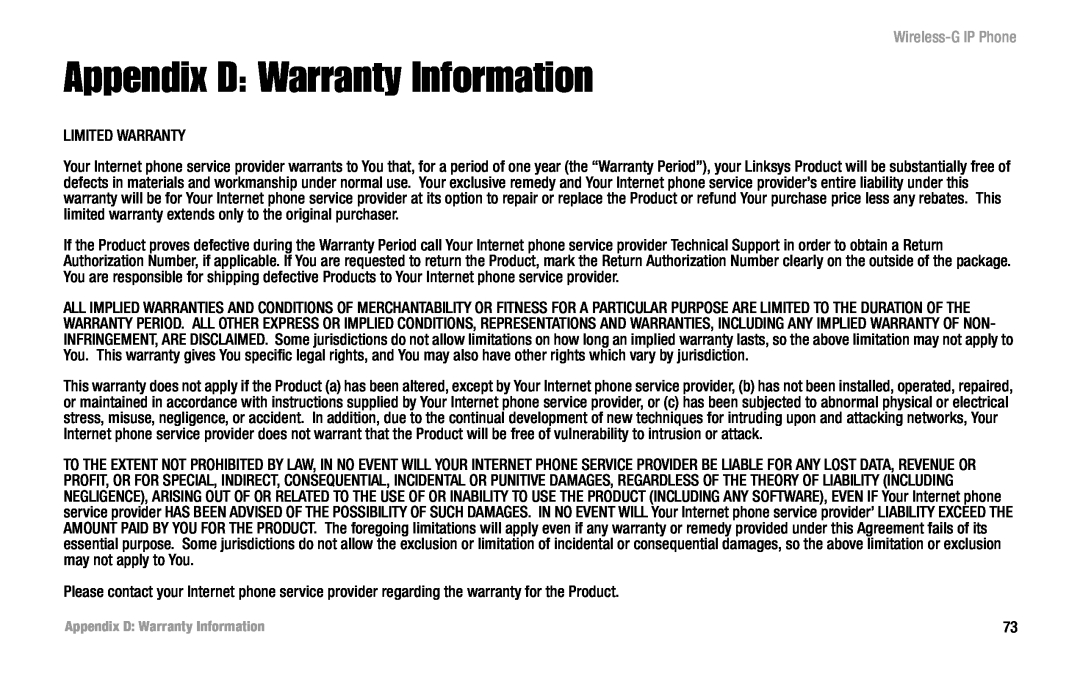Linksys WIP330 manual Appendix D Warranty Information, Wireless-G IP Phone 