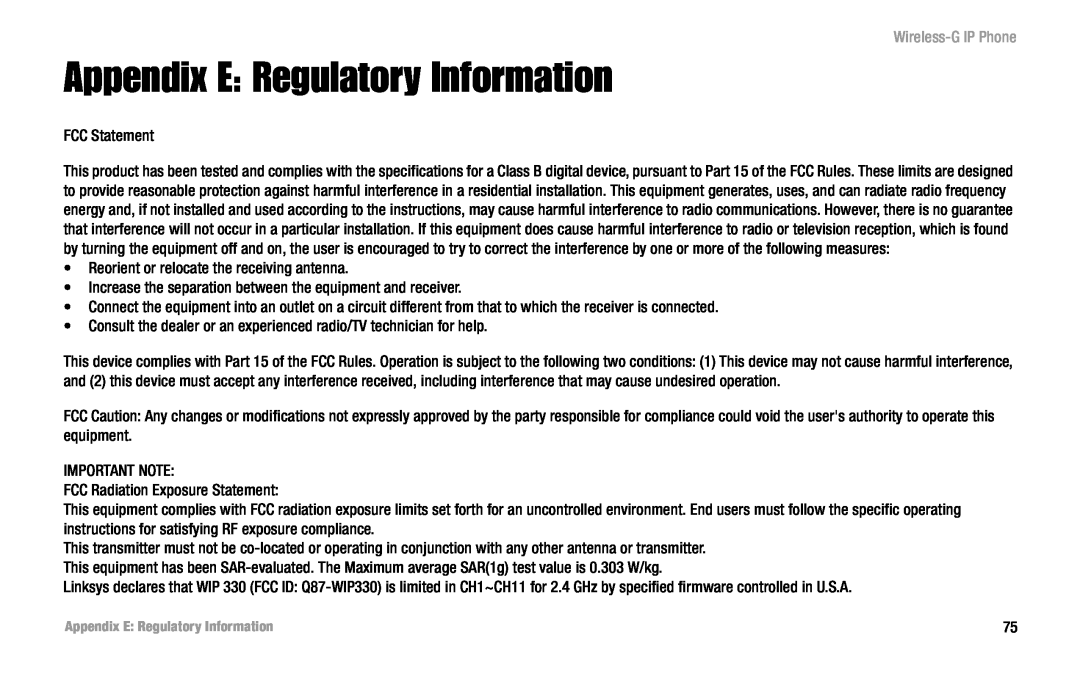 Linksys WIP330 manual Appendix E Regulatory Information, Wireless-G IP Phone 