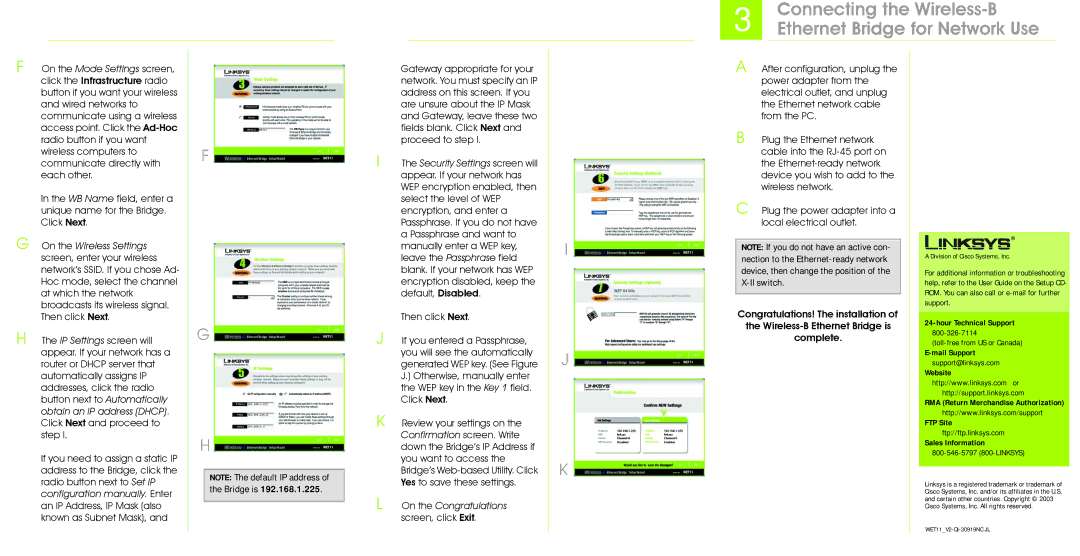 Linksys Wireless-B manual Ethernet Bridge for Network Use, On the Congratulations screen, click Exit 