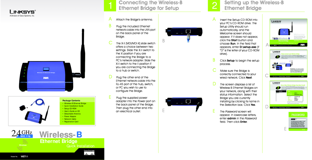 Linksys manual Connecting the Wireless-B, Ethernet Bridge for Setup, Setting up the Wireless-B, Quick Installation 