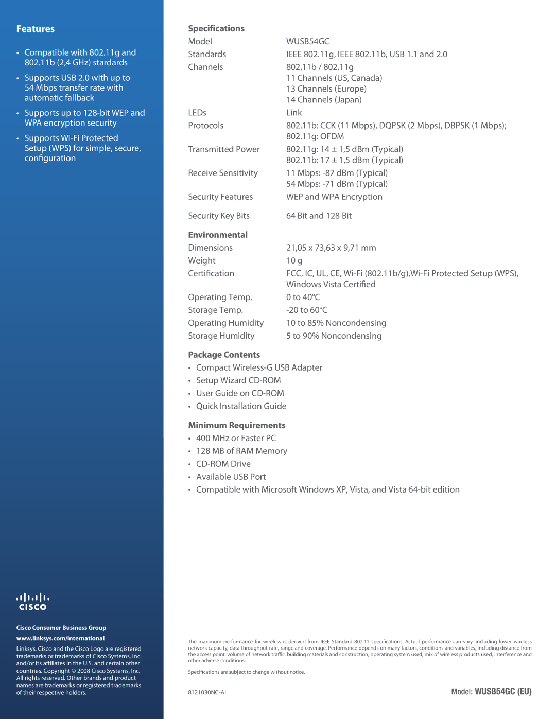 Linksys Wireless-G USB Adapter WUSB54GC manual Specifications, Environmental, Package Contents, Minimum Requirements 