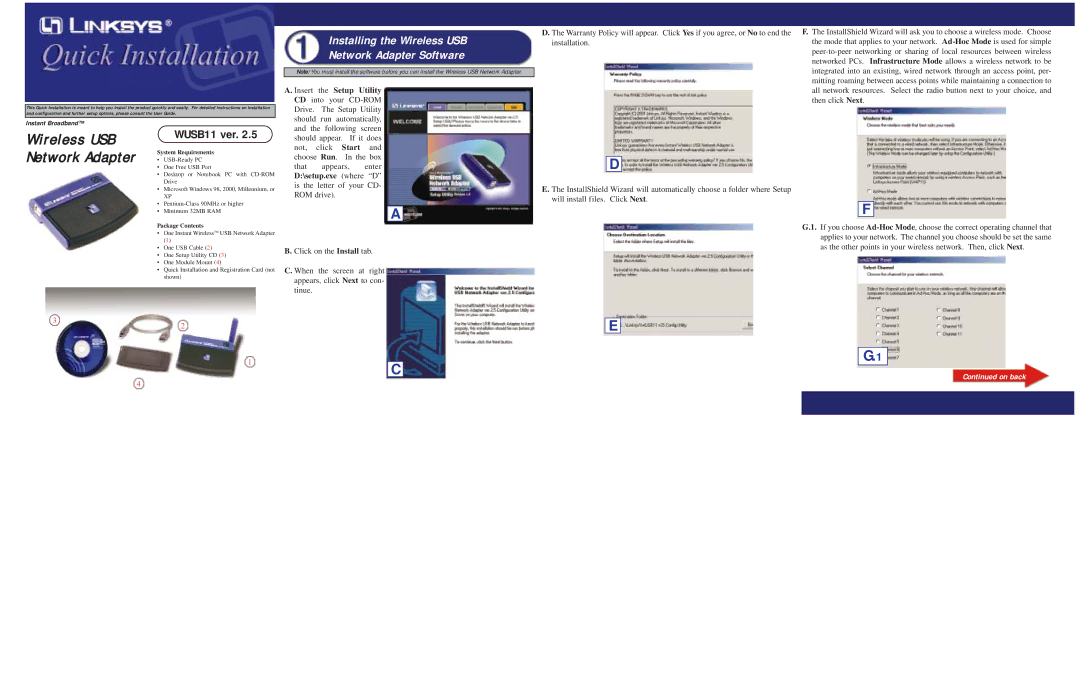 Linksys warranty Installing the Wireless USB Network Adapter Software, WUSB11 ver, On back 