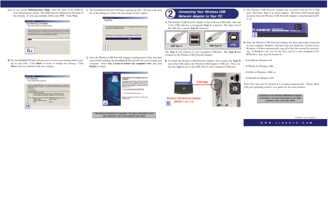 Linksys warranty Connecting Your Wireless USB Network Adapter to Your PC, USB Type a USB Type B 