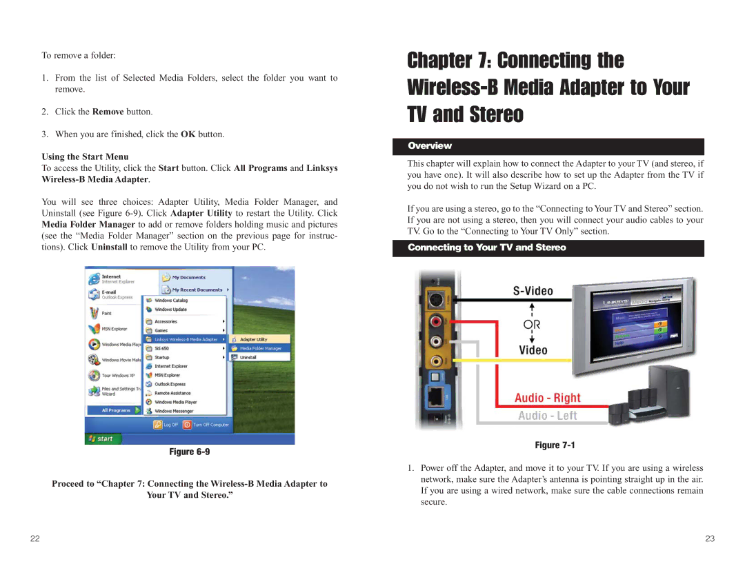 Linksys WMA11B manual Using the Start Menu, Connecting to Your TV and Stereo 