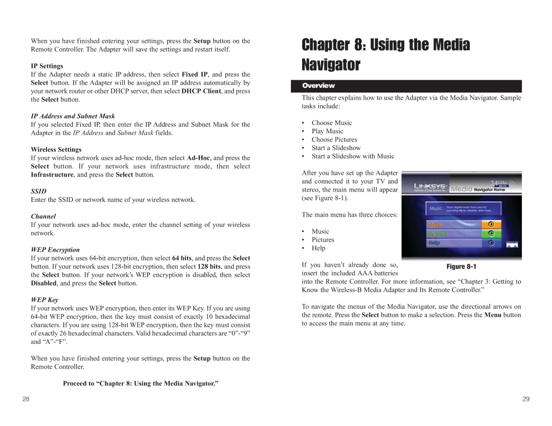 Linksys WMA11B manual Using the Media Navigator, IP Address and Subnet Mask, Channel, WEP Encryption, WEP Key 