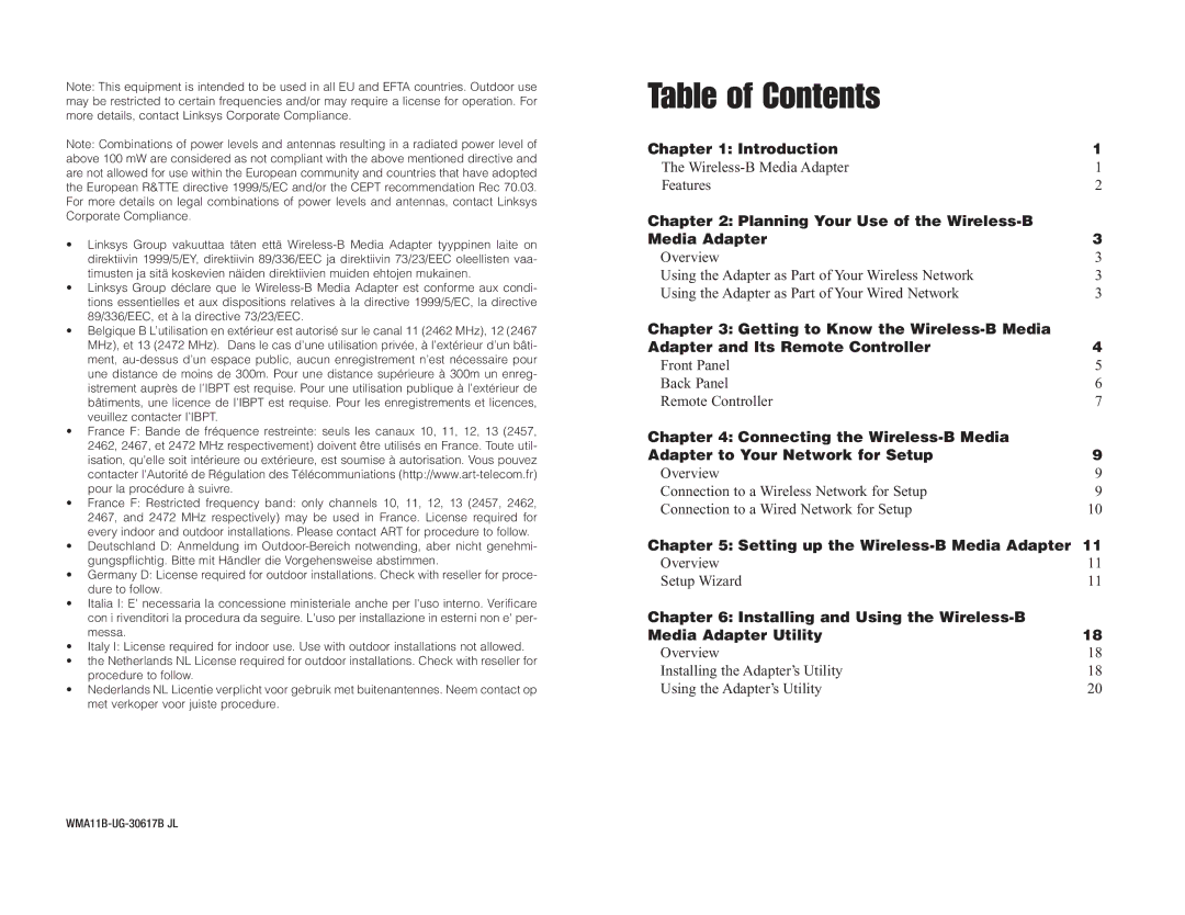 Linksys WMA11B manual Table of Contents 