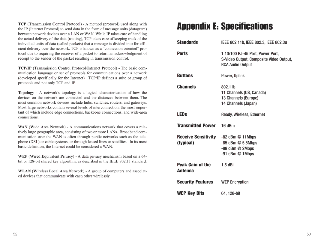 Linksys WMA11B manual Appendix E Specifications 