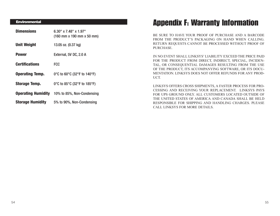 Linksys WMA11B manual Appendix F Warranty Information, Environmental 