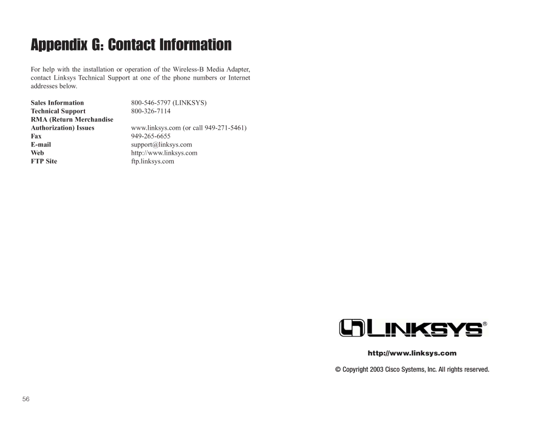 Linksys WMA11B manual Appendix G Contact Information, Sales Information, Web FTP Site 