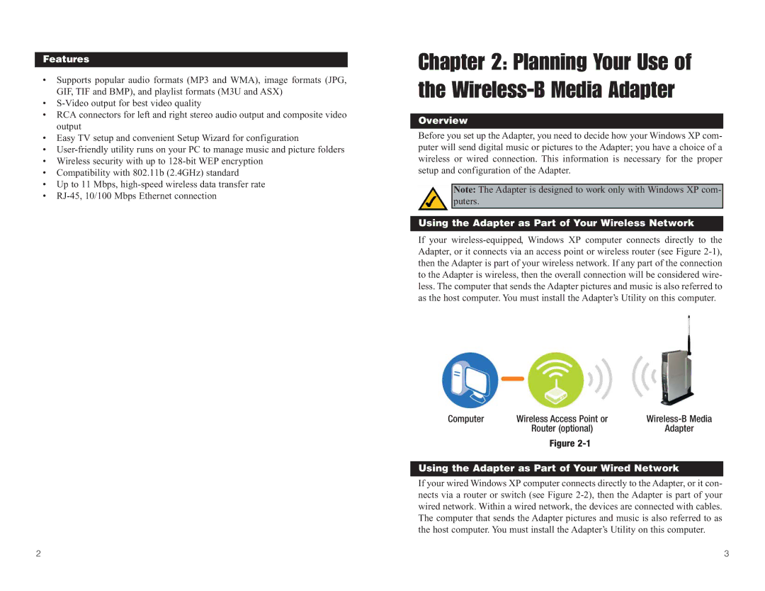 Linksys WMA11B manual Features, Overview, Using the Adapter as Part of Your Wireless Network 