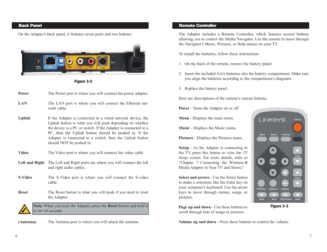 Linksys WMA11B manual Back Panel, Remote Controller 