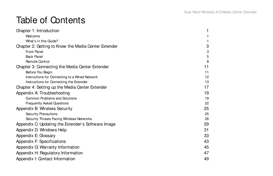 Linksys WMCE54AG manual Table of Contents 