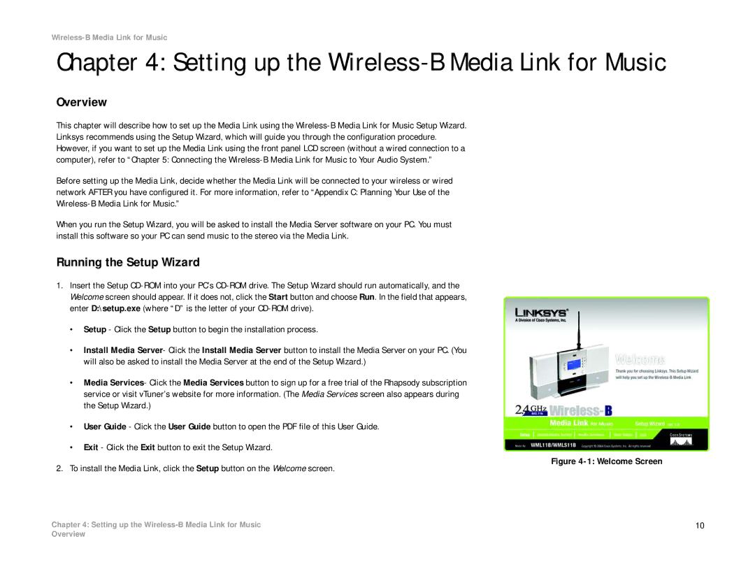 Linksys WMLS11B, WML11B manual Setting up the Wireless-B Media Link for Music, Running the Setup Wizard 