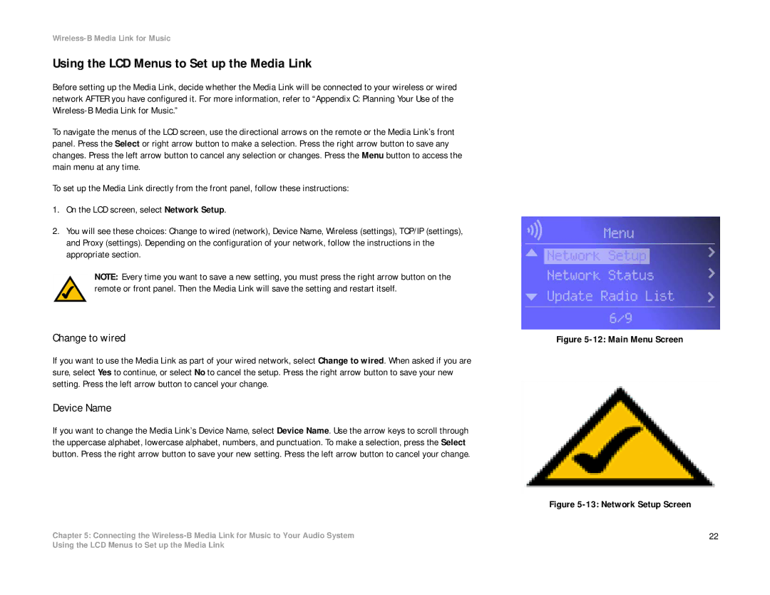 Linksys WMLS11B, WML11B manual Using the LCD Menus to Set up the Media Link, Change to wired, Device Name 