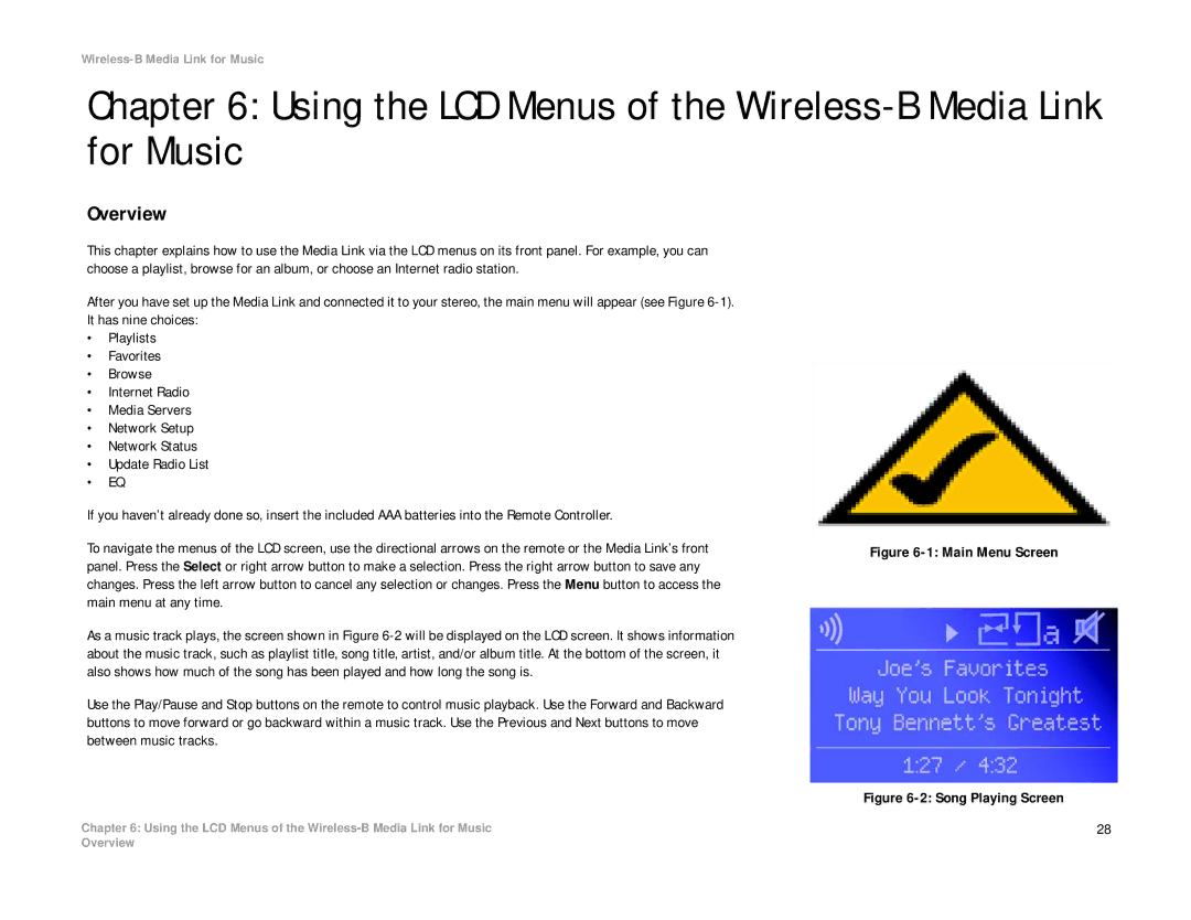 Linksys WMLS11B, WML11B manual Using the LCD Menus of the Wireless-B Media Link for Music, Main Menu Screen 