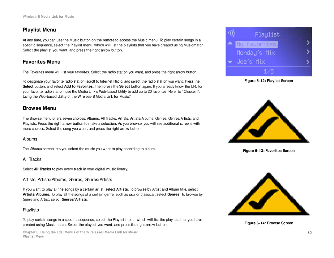 Linksys WMLS11B, WML11B manual Playlist Menu, Favorites Menu, Browse Menu 