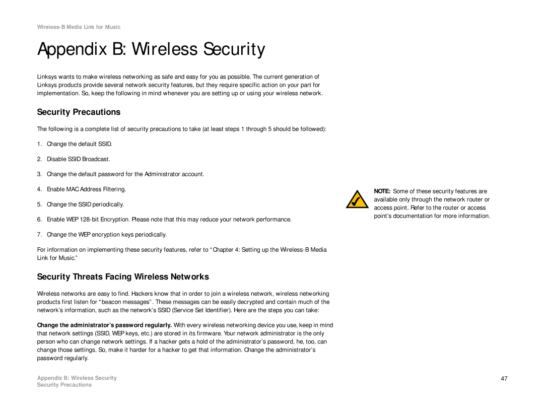 Linksys WML11B, WMLS11B manual Appendix B Wireless Security, Security Precautions, Security Threats Facing Wireless Networks 