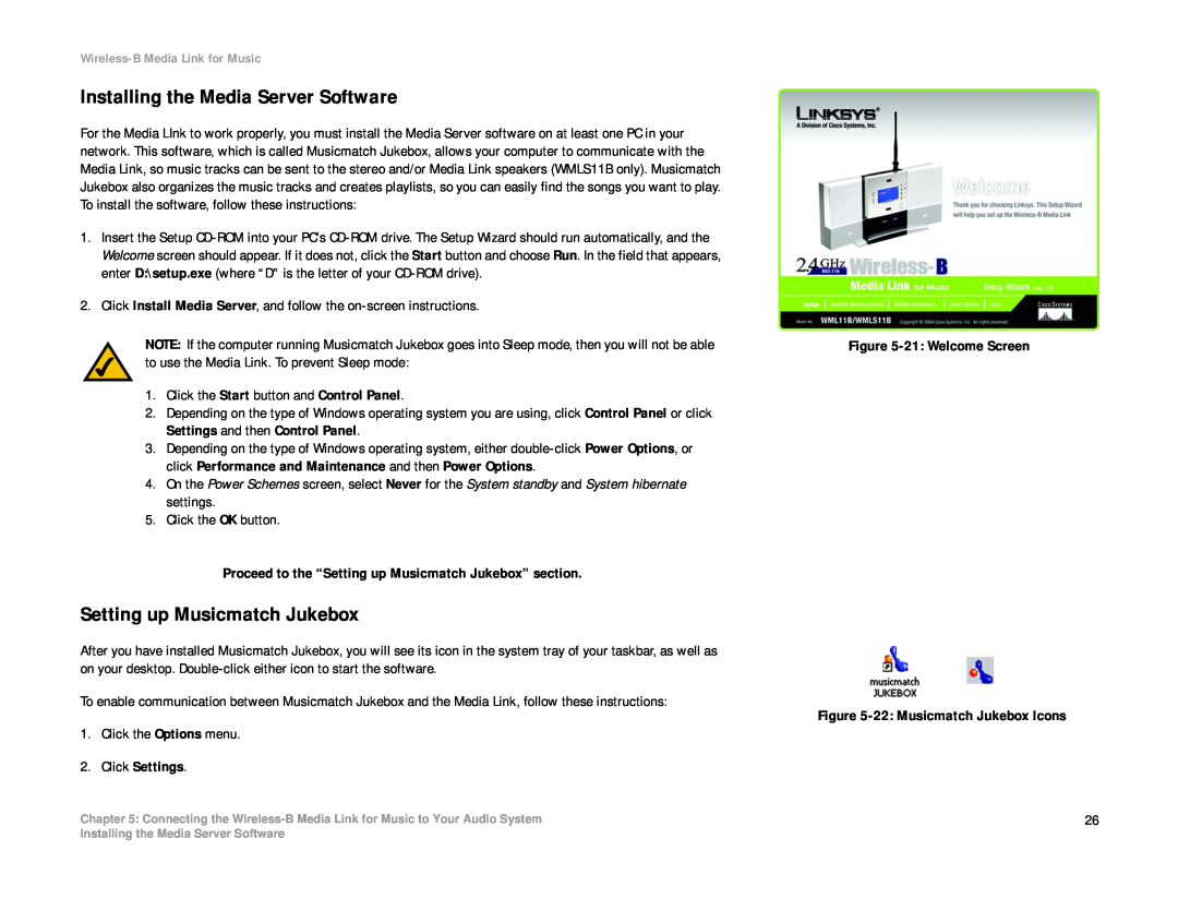 Linksys WMLS11B, WML11B manual Installing the Media Server Software, Setting up Musicmatch Jukebox 
