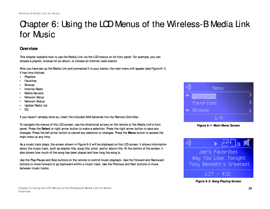 Linksys WMLS11B, WML11B manual Playlists Favorites Browse Internet Radio 