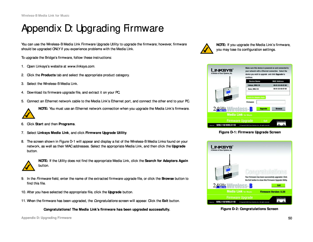 Linksys WMLS11B, WML11B manual Appendix D Upgrading Firmware 