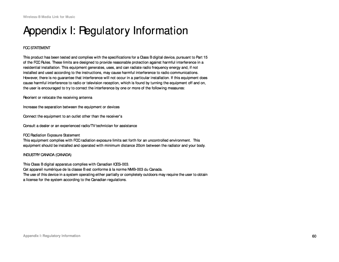Linksys WMLS11B, WML11B manual Appendix I Regulatory Information 