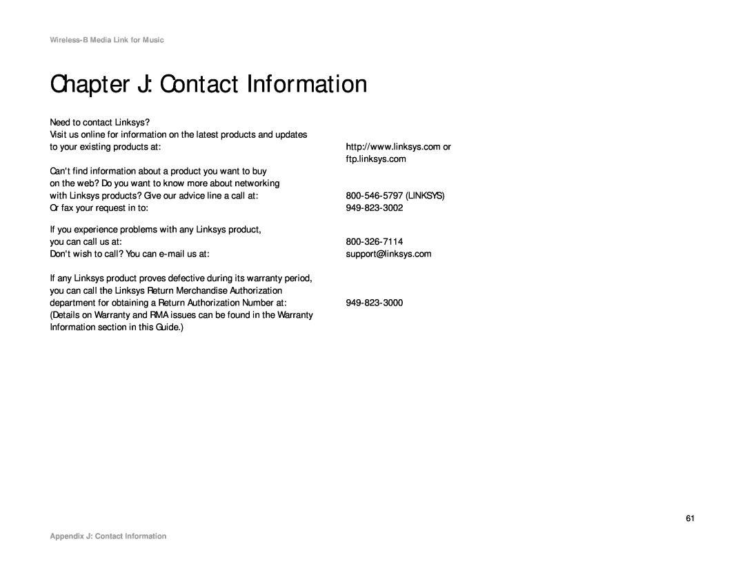 Linksys WML11B, WMLS11B manual Chapter J Contact Information 