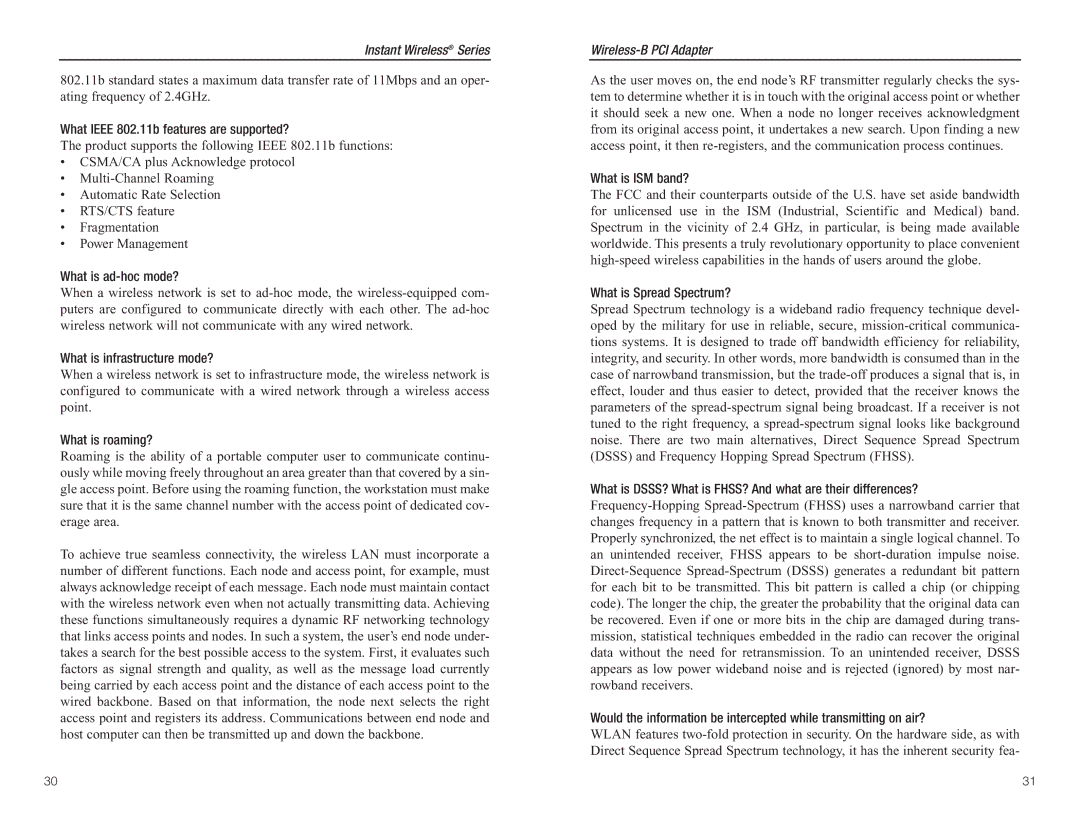 Linksys WMP11 manual What Ieee 802.11b features are supported? 