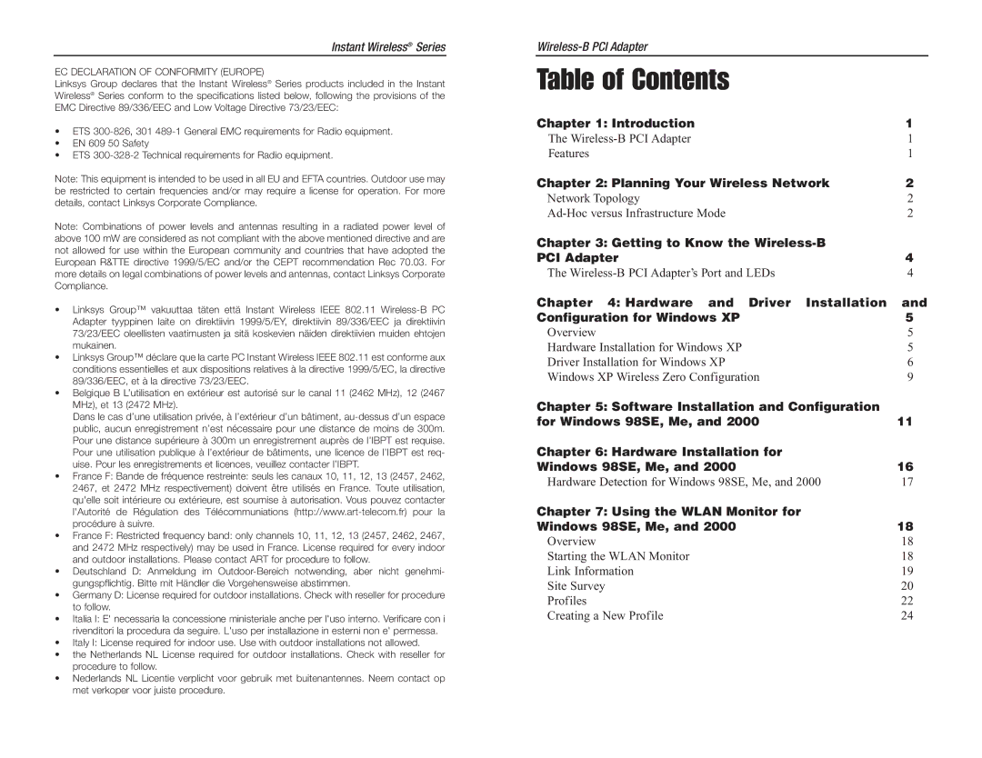 Linksys WMP11 manual Table of Contents 