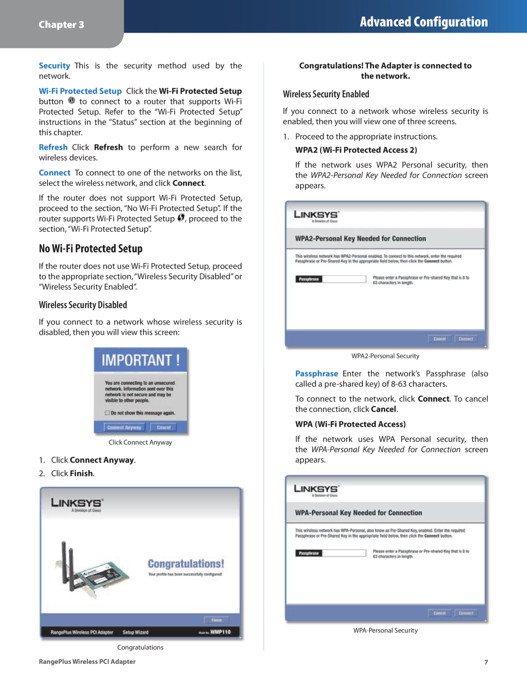 Linksys WMP110 manual No Wi-Fi Protected Setup, Wireless Security Disabled, Wireless Security Enabled 