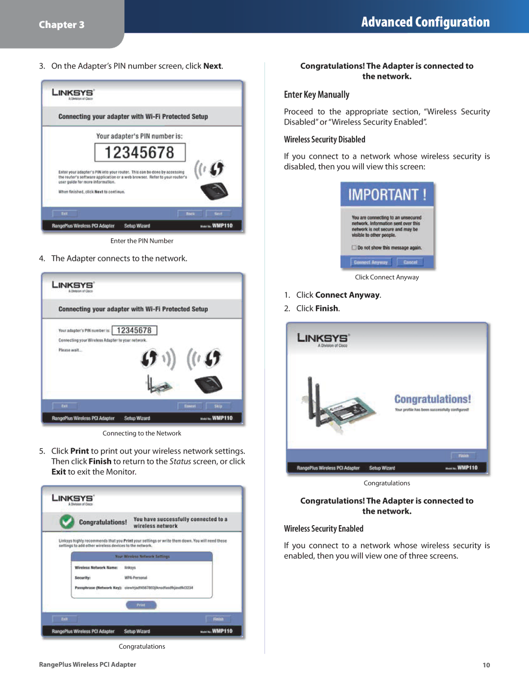 Linksys WMP110 manual Enter Key Manually, Wireless Security Disabled 