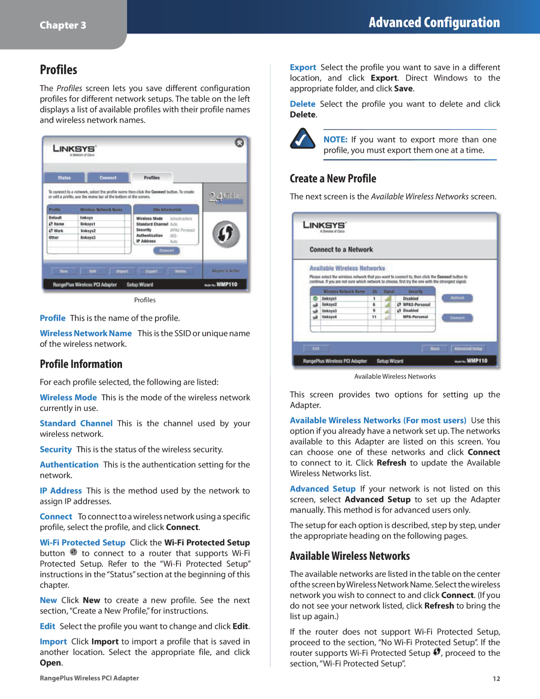 Linksys WMP110 manual Profiles, Profile Information, Create a New Profile, Available Wireless Networks 