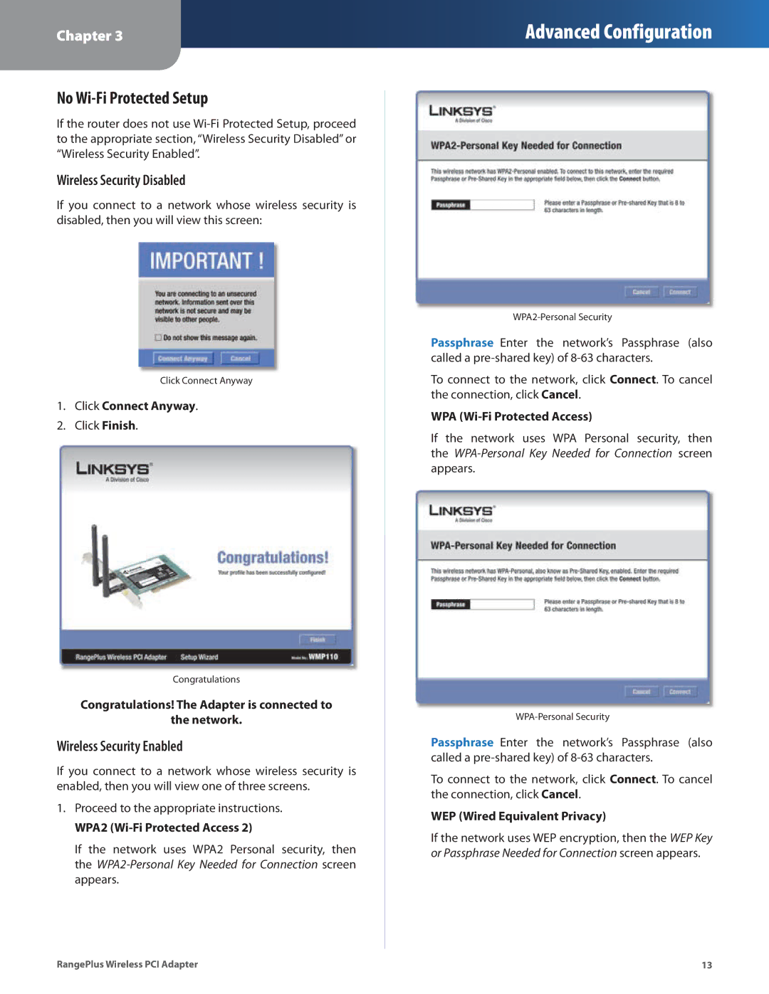 Linksys WMP110 manual No Wi-Fi Protected Setup 