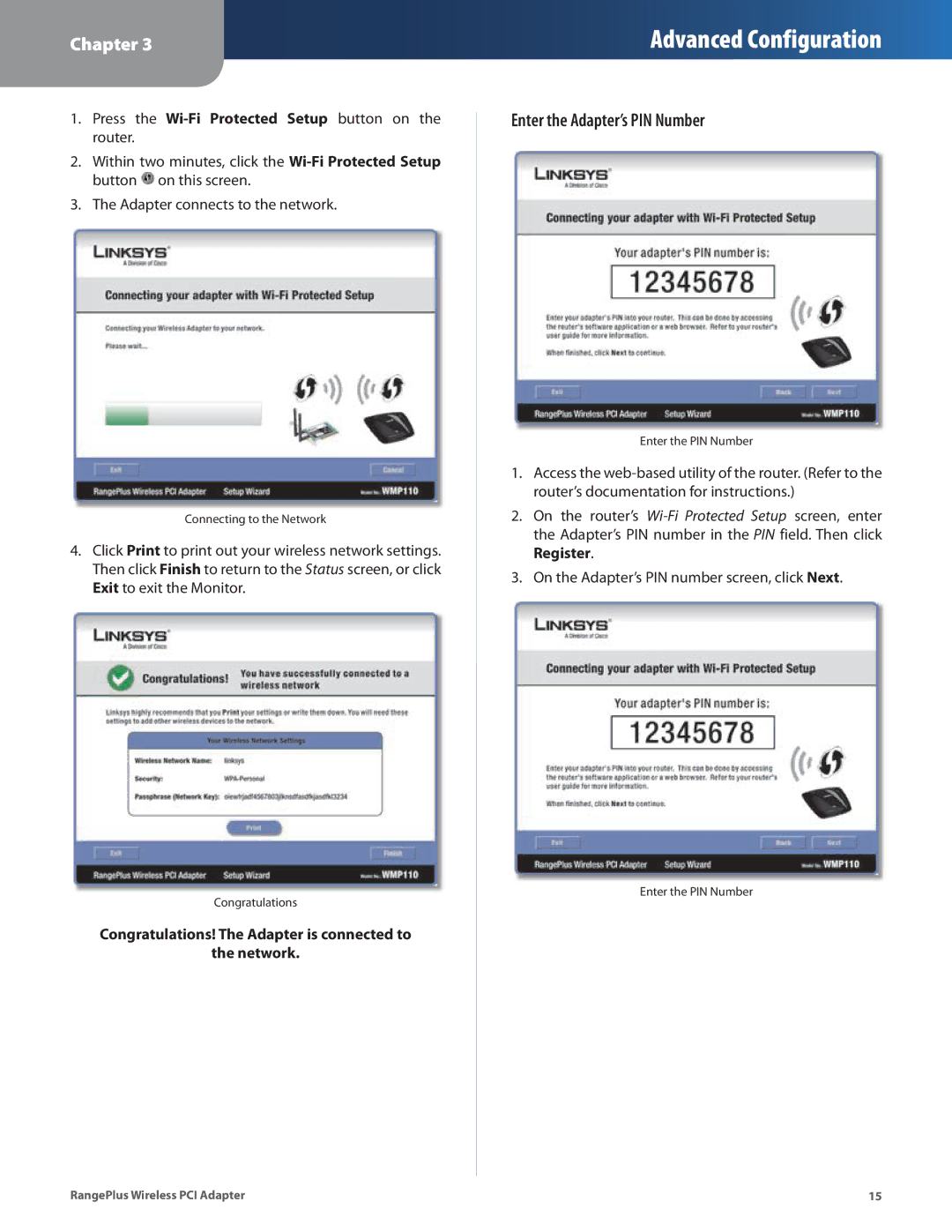 Linksys WMP110 manual Enter the Adapter’s PIN Number 