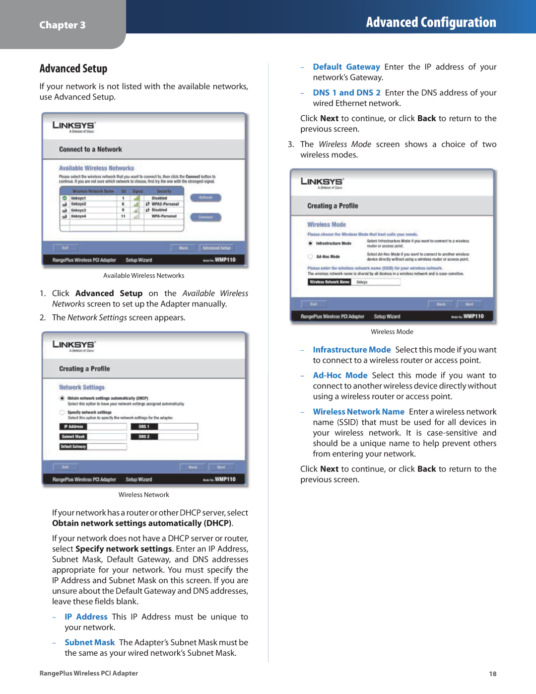 Linksys WMP110 manual Advanced Setup, Network Settings screen appears 