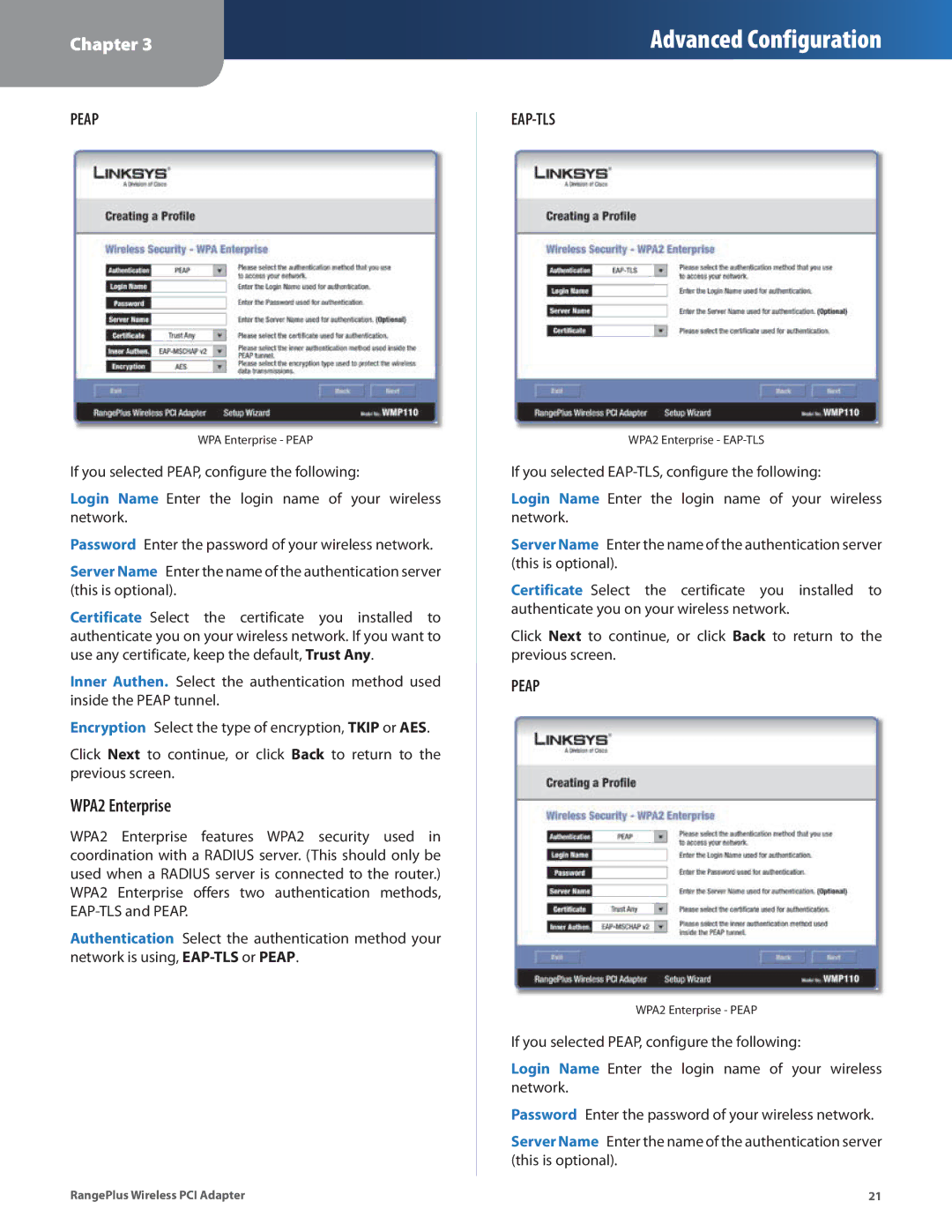 Linksys WMP110 manual WPA2 Enterprise, Peap 