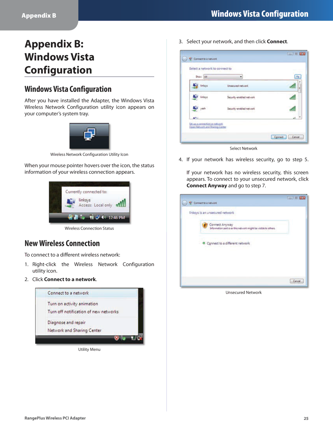 Linksys WMP110 manual Appendix B Windows Vista Configuration, New Wireless Connection 