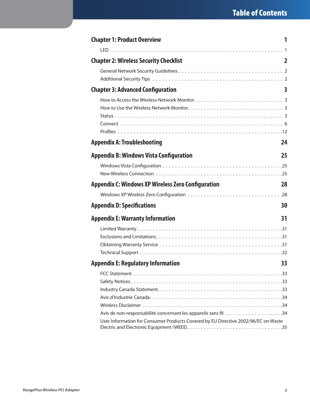 Linksys WMP110 manual Table of Contents 