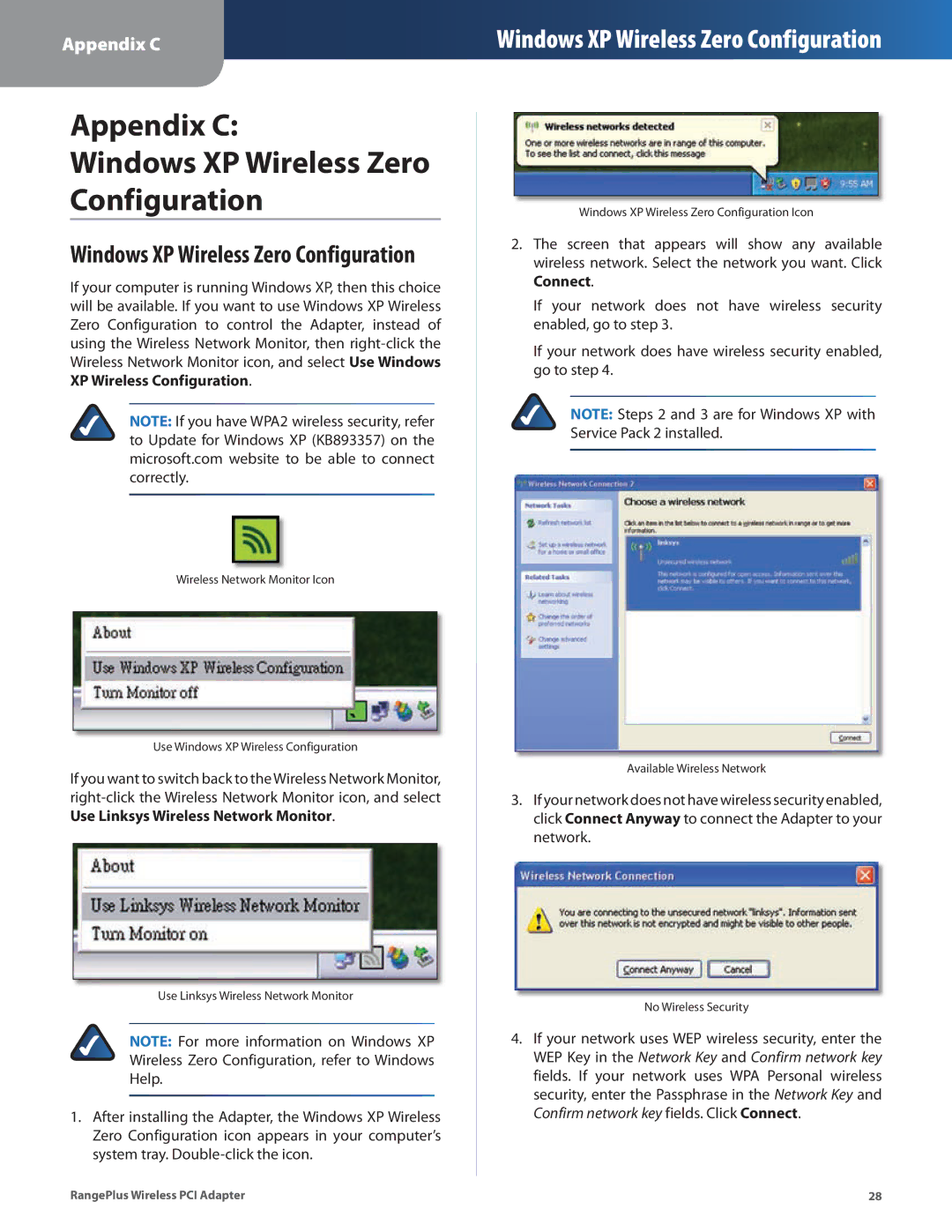 Linksys WMP110 manual Appendix C Windows XP Wireless Zero Configuration 