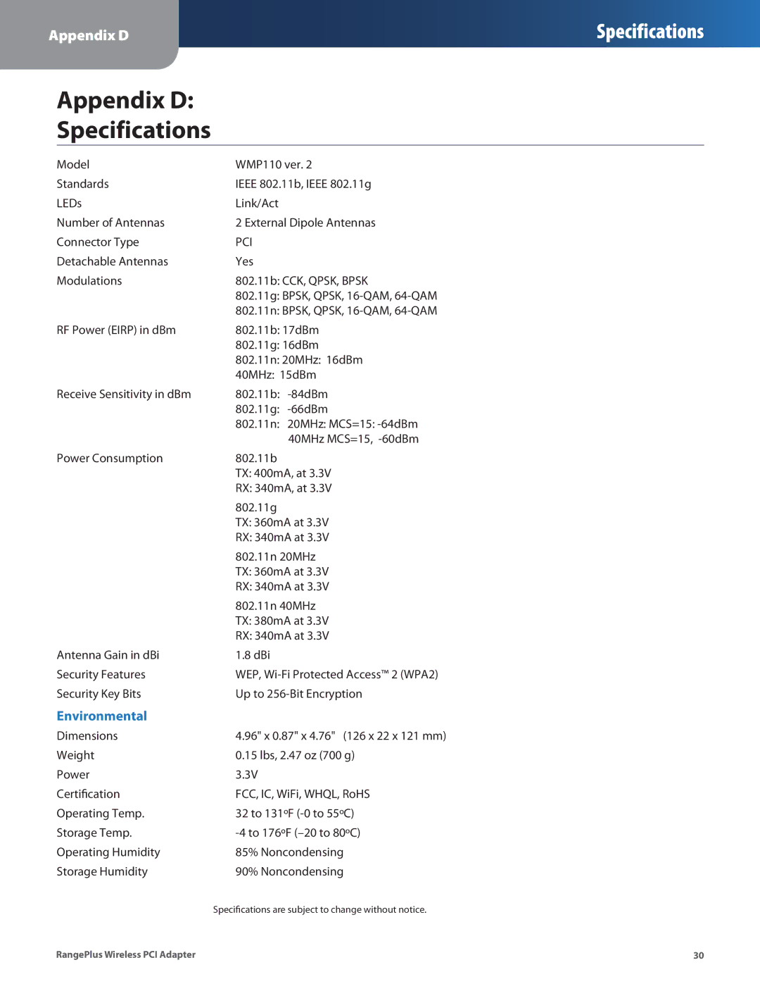 Linksys WMP110 manual Appendix D Specifications, Pci 